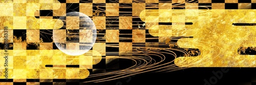 伝統柄のゴールド市松模様の豪華お正月バナー黒背景