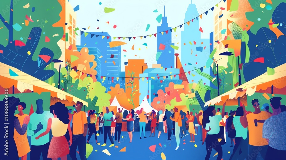 A colorful illustration of a street festival with people, tents, and confetti.