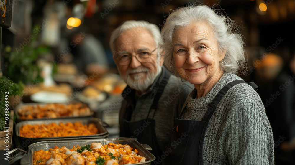 Elderly couple smiling in a bustling kitchen setting while serving delicious homemade meals. Generative AI Elderly couple smiling in a bustling kitchen setting while serving delicious homemade meals. Generative AI