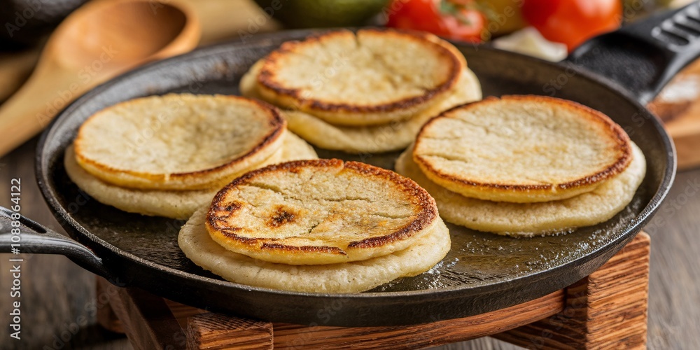 A close-up of golden arepas sizzling on a traditional comal, showcasing the culinary traditions of Venezuelan cuisine. A close-up of golden arepas sizzling on a traditional comal, showcasing the culinary traditions of Venezuelan cuisine.