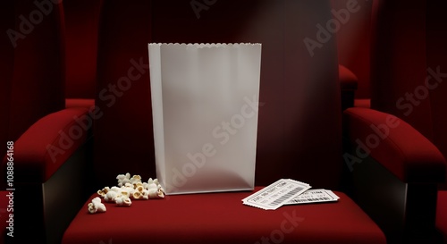 A blank popcorn bag packaging mock-up, lying on a theater seat with tickets 3d illustration template image.
