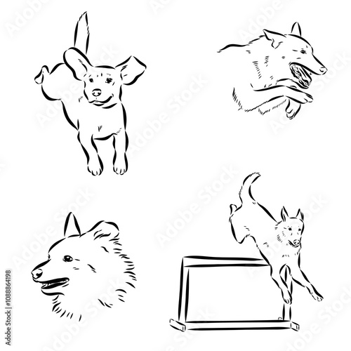 Scenes of dog training with cartoon characters of man and his pet learning various commands