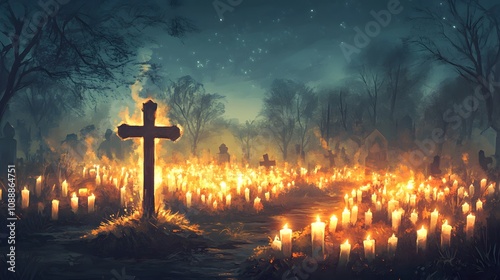 All Souls' Day. Cross with burning candles in the cemetery. Digital illustration