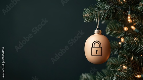 Glowing Christmas ornament displaying a padlock icon, hanging on a tree surrounded by cyberthemed lights, 3D illustration