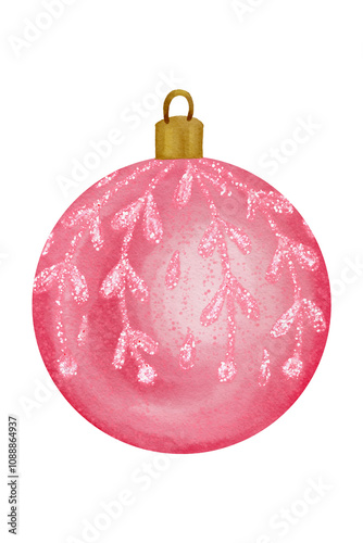 Watercolor Christmas decoration - pink ball with gold glitter ornament. For Christmas greeting cards, scrapbooking, invitations, wrapping and other design ideas.