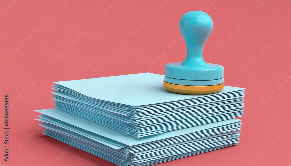 Fototapeta premium A colorful rubber stamp rests on a stack of blue paper against a vibrant red background, symbolizing documentation and approval.