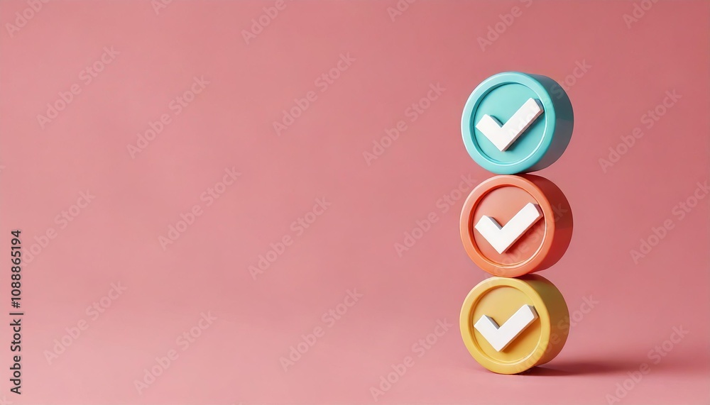 Colorful checkmark icons stacked vertically on a soft pink background, symbolizing completion and positivity. Colorful checkmark icons stacked vertically on a soft pink background, symbolizing completion and positivity.