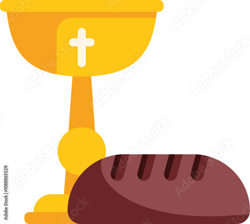 Golden chalice with a cross and bread representing the eucharist sacrament in christianity