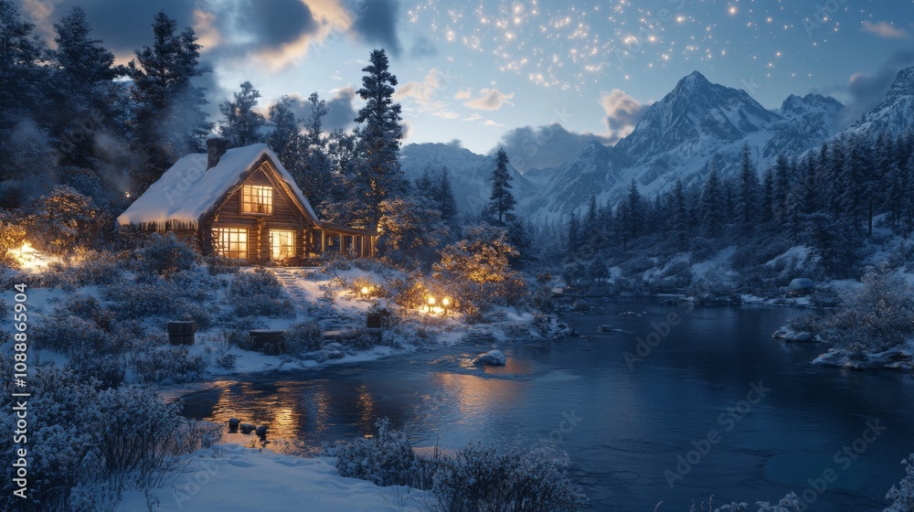Fototapeta premium A Cozy Cabin Nestled in a Snowy Mountain Valley at Night