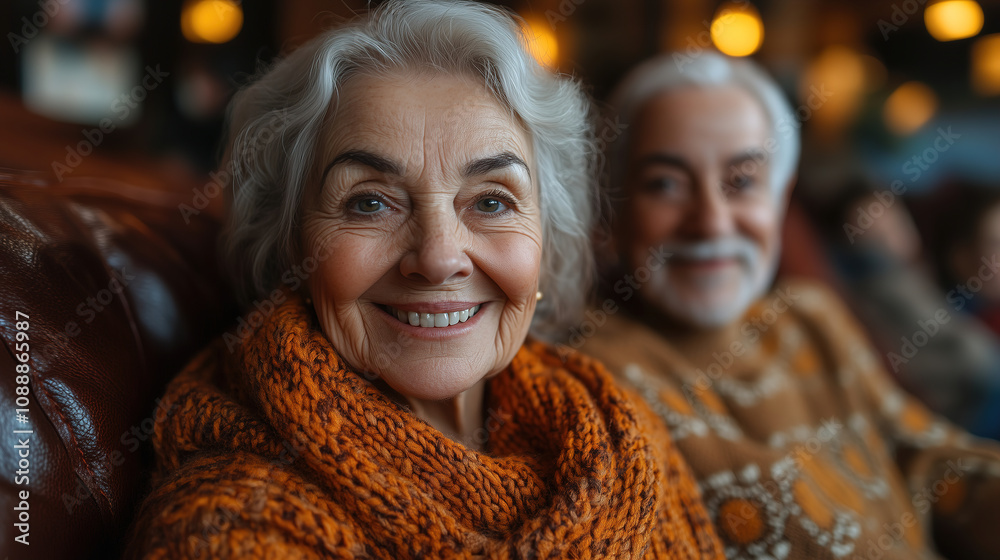Smiling elderly couple in cozy setting with warm lighting during a social gathering in a cafe. Generative AI Smiling elderly couple in cozy setting with warm lighting during a social gathering in a cafe. Generative AI