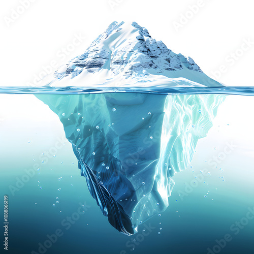 vivid image of iceberg above and below water showcasing hidden mass. concept nature, iceberg, hidden, contrast, environment with a white accent, text area, png
