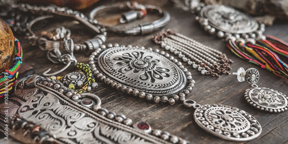 Obraz premium A close-up of intricately designed Mapuche silver jewelry, featuring traditional patterns and cultural symbolism of the indigenous people of Chile.