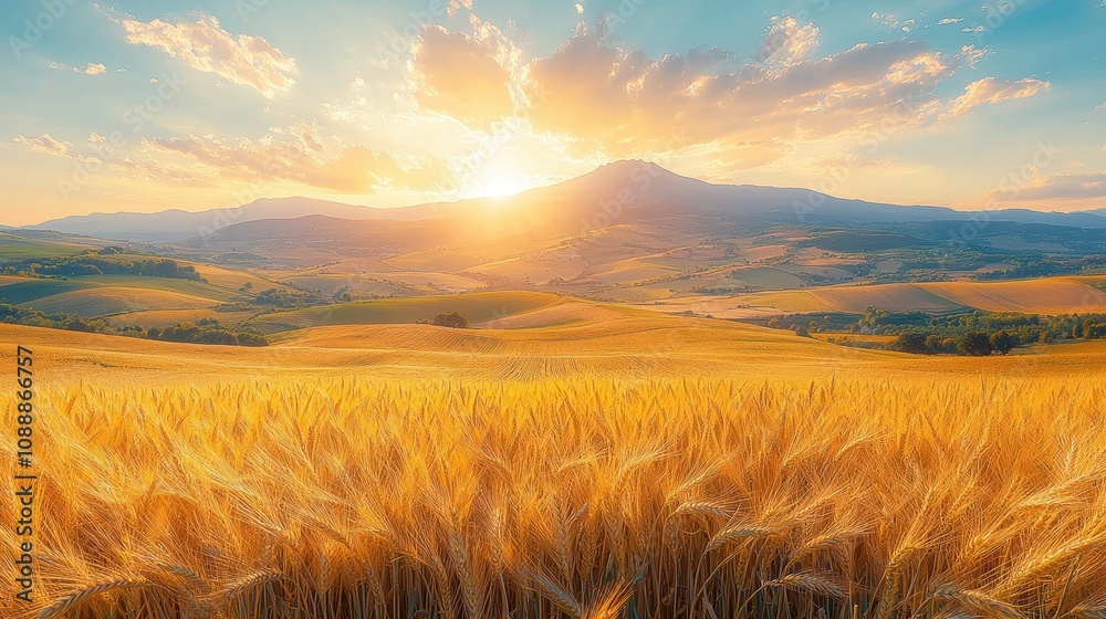 Golden Wheat Field Under a Breathtaking Sunset with Majestic Mountains in the Background on a Serene Countryside Landscape Golden Wheat Field Under a Breathtaking Sunset with Majestic Mountains in the Background on a Serene Countryside Landscape