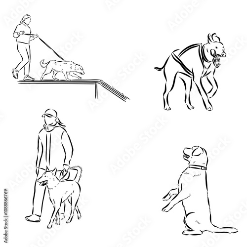 Scenes of dog training with cartoon characters of man and his pet learning various commands