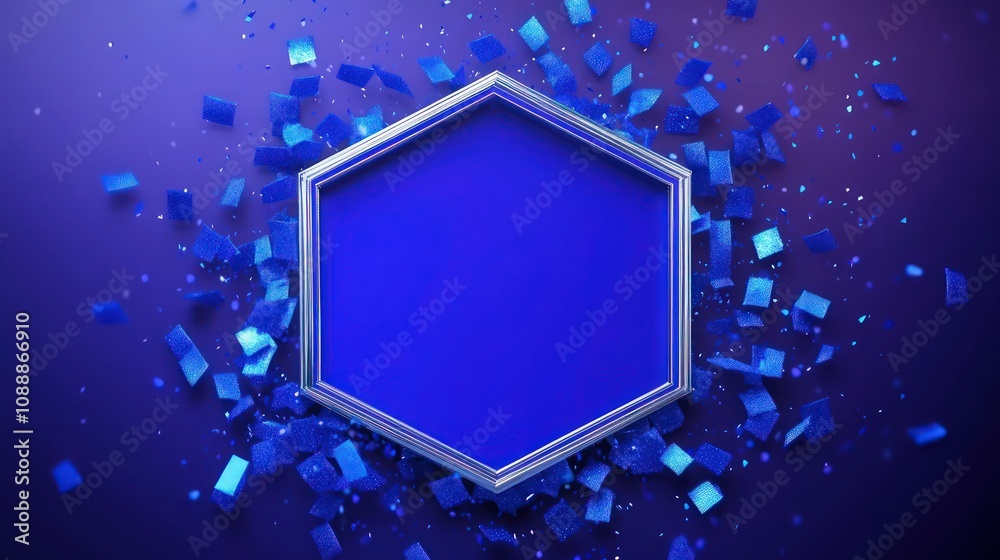 A geometric hexagon in bright blue outlined in silver, set against a rich purple backdrop. Surrounding the hexagon are sparkling blue confetti pieces, adding a festive touch to the design. A geometric hexagon in bright blue outlined in silver, set against a rich purple backdrop. Surrounding the hexagon are sparkling blue confetti pieces, adding a festive touch to the design.