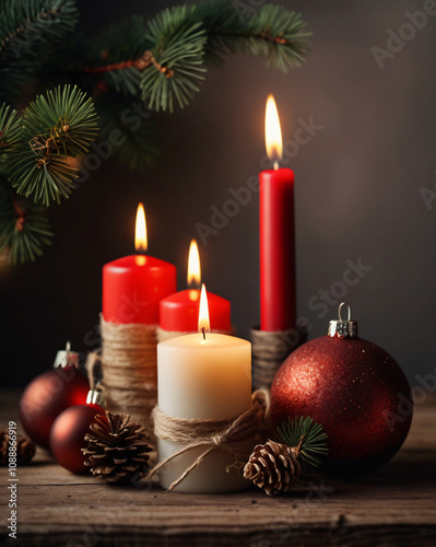 Christmas candles and lights decor. post card and collage template.celebration background.copy space