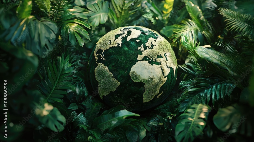 A lush, vibrant green globe surrounded by rich jungle foliage, symbolizing sustainability and nature conservation. Perfect for eco-friendly and environmental content A lush, vibrant green globe surrounded by rich jungle foliage, symbolizing sustainability and nature conservation. Perfect for eco-friendly and environmental content
