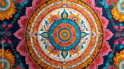 Traditional thai style painting. Colorful floral mandala background. Vibrant mandala wallpaper or banner. Beautiful traditional style.