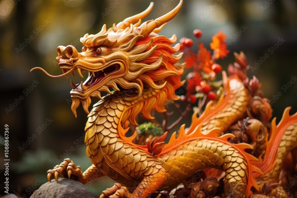 Fototapeta premium Chinese dragon statue red representation chinese dragon.