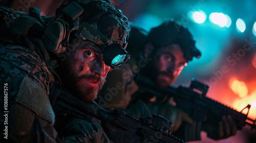 Intense scene of soldiers in tactical gear during a nighttime operation, illuminated by fire and using night vision goggles