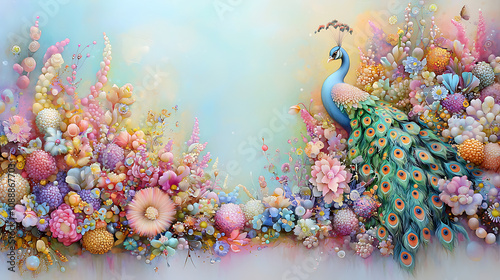 vibrant peacock surrounded by colorful flowers and plants, showcasing stunning array of pastel colors and intricate details. scene evokes sense of beauty and tranquility
