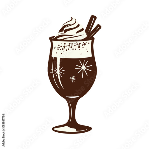A stylized illustration of a Eggnog drink with whipped cream and cinnamon sticks in a glass. White background. Concept of Christmas celebration