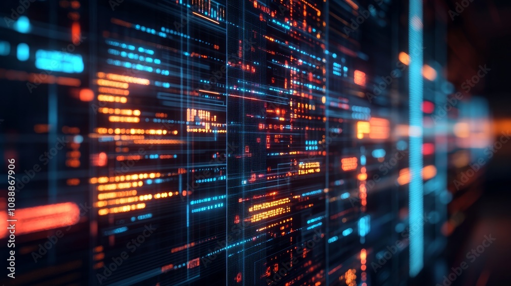 Abstract digital data stream, glowing orange and blue code lines on dark background. Abstract digital data stream, glowing orange and blue code lines on dark background.