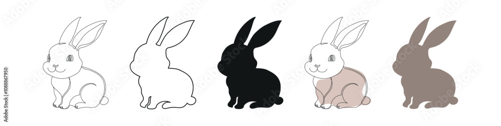 Fototapeta premium Set of Rabbits isolated on a white background. Includes black silhouette, outline, continuous one line drawing and colored versions. Concept of animal, Easter Bunny, Cute hare, pet, design elements