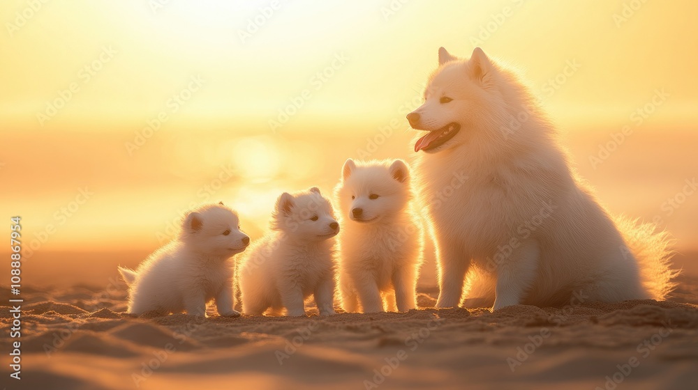 Fototapeta premium A Samoyed mother and her three puppies play together on the sandy shore, framed by the soft, golden hues of a sunset. Perfect for family-oriented or pet-themed content