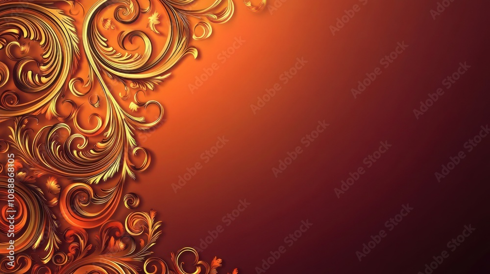 A beautiful design with ornate copper patterns against a gradient background shifting from bright orange to deep burgundy. A beautiful design with ornate copper patterns against a gradient background shifting from bright orange to deep burgundy.