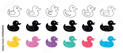 Set of rubber ducks and ducklings isolated on a white background. Black silhouettes, outlines, and colored versions. Concept of children's toys, bath time fun, cute cartoon animals, design elements