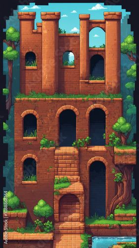 Pixel game level design. Platform game asset, fantasy 8 bit environment. Building with stone steps