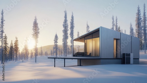 Modern house in snow with air-source heat pump outside