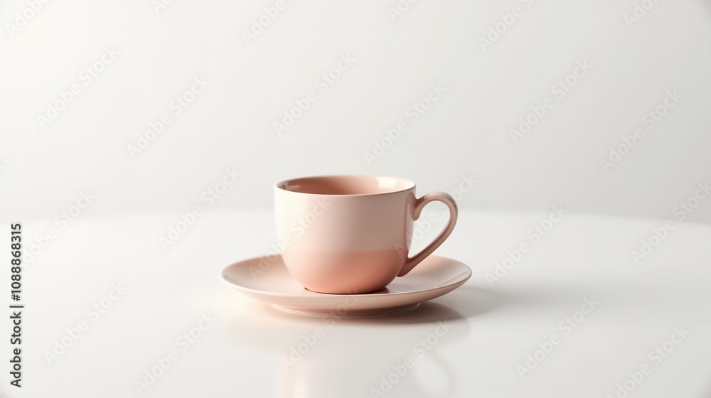 Minimalistic pink cup and saucer on a white table setting displays a serene morning ambiance with soft lighting in a contemporary space Minimalistic pink cup and saucer on a white table setting displays a serene morning ambiance with soft lighting in a contemporary space