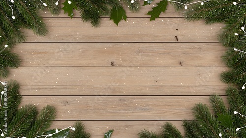 Festive Greenery and Pine Cones Framing a Cozy Wooden Background for Holiday Celebrations