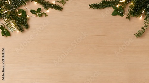 Festive Greenery and Pine Cones Framing a Cozy Wooden Background for Holiday Celebrations