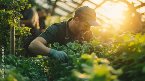 A man is working in a greenhouse, tending to the plants