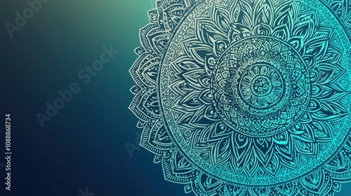 Detailed cyan and turquoise mandala drawing curves across a gradient dark background providing ample negative space for website headers.