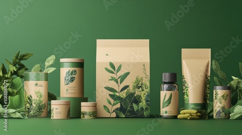 Packaging design illustration with a focus on environmental sustainability, showcasing eco-friendly materials and natural aesthetics. Perfect for green branding photo