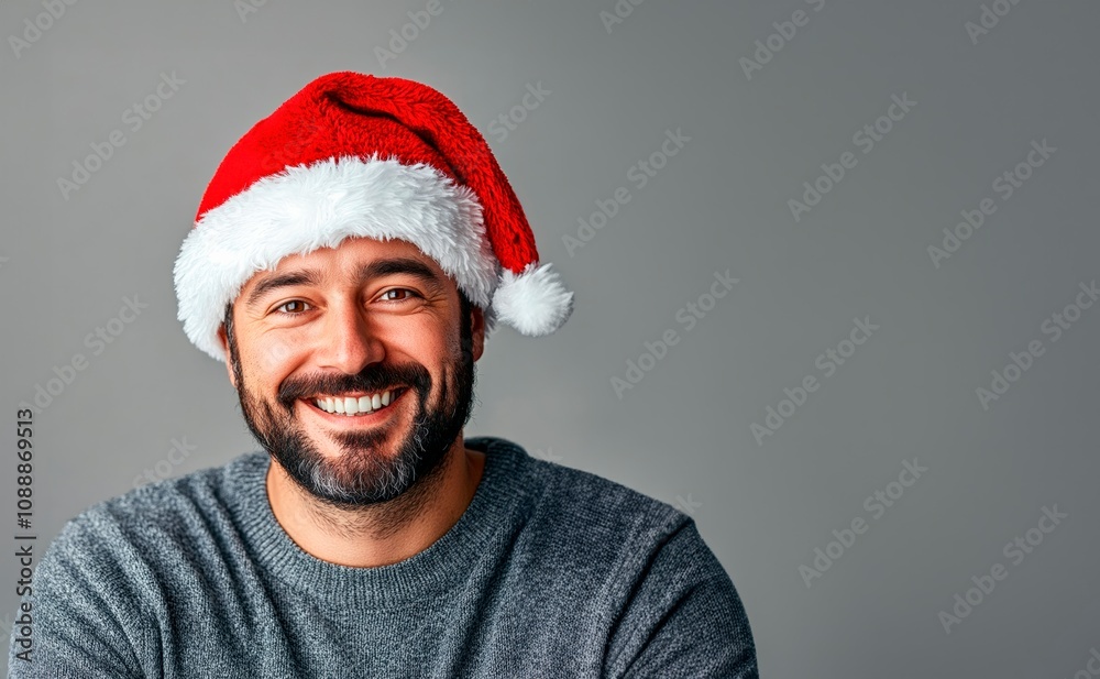 joyful handsome white caucasian man in santa claus hat isolated on light background, copy space. man in new year christmas hat joyful handsome white caucasian man in santa claus hat isolated on light background, copy space. man in new year christmas hat