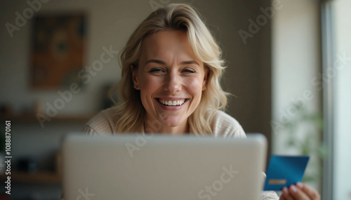 A happy individual smiling broadly while holding a bank credit card in one hand and using a laptop computer with the other