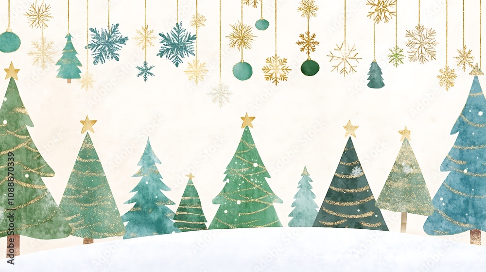Charming Miniature Christmas Trees with Golden Snowflakes Hanging Above Charming Miniature Christmas Trees with Golden Snowflakes Hanging Above