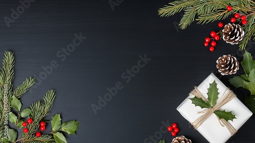 Cozy Christmas Gift Surrounded by Pinecones and Holly on a Dark Background