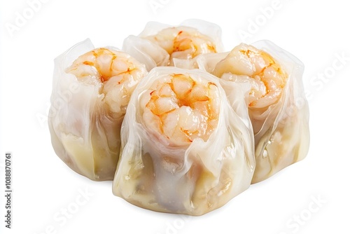 Asian cuisine, Dimsum, bag Dim Sum Siomai is soup-filled pouch topped with juicy piece of steamed shrimp. Shrimp tail is give away on this dim-sum dish. Isolated on white background  photo