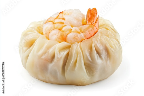 Asian cuisine, Dimsum, bag Dim Sum Siomai is soup-filled pouch topped with juicy piece of steamed shrimp. Shrimp tail is give away on this dim-sum dish. Isolated on white background  photo