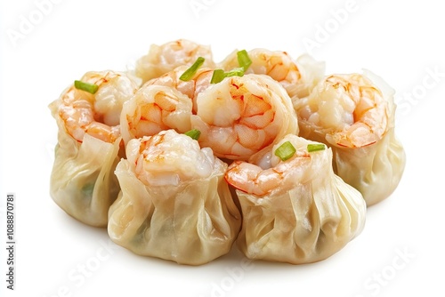 Asian cuisine, Dimsum, bag Dim Sum Siomai is soup-filled pouch topped with juicy piece of steamed shrimp. Shrimp tail is give away on this dim-sum dish. Isolated on white background  photo