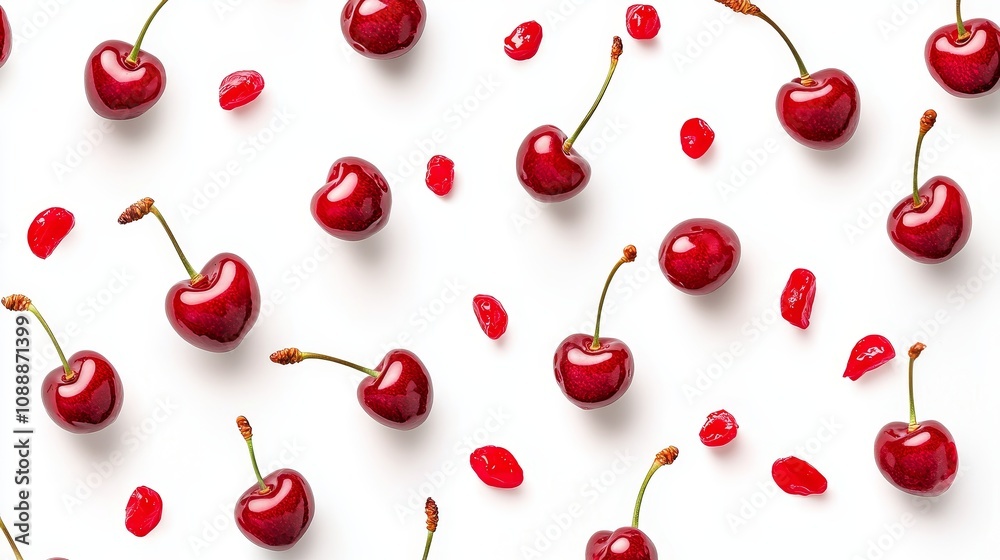A vibrant pattern of cherries falling against a clean white background, playful and fresh, perfect for grocery product advertising A vibrant pattern of cherries falling against a clean white background, playful and fresh, perfect for grocery product advertising