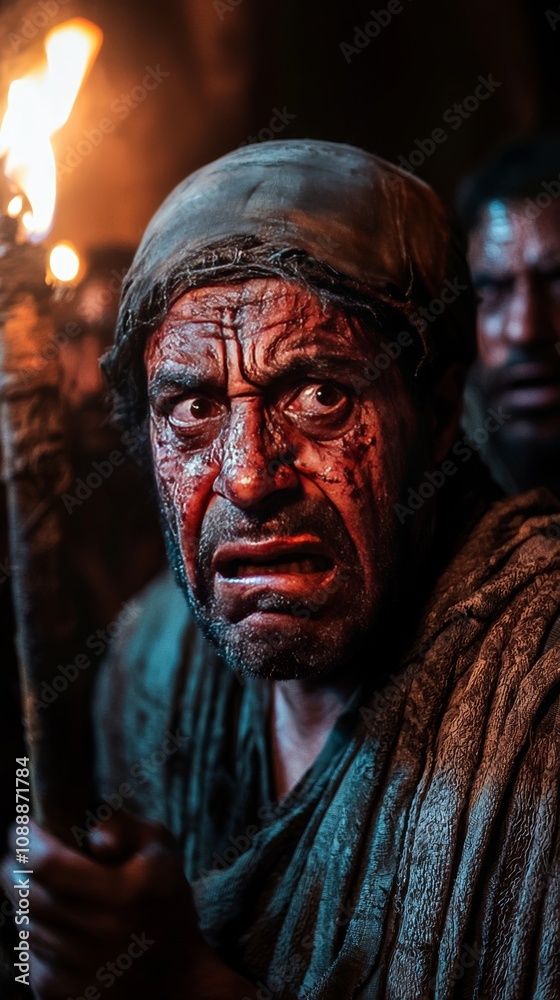 The sixth plague of Egypt: Egyptians covered in painful sores, faces illuminated by torchlight in a darkened temple