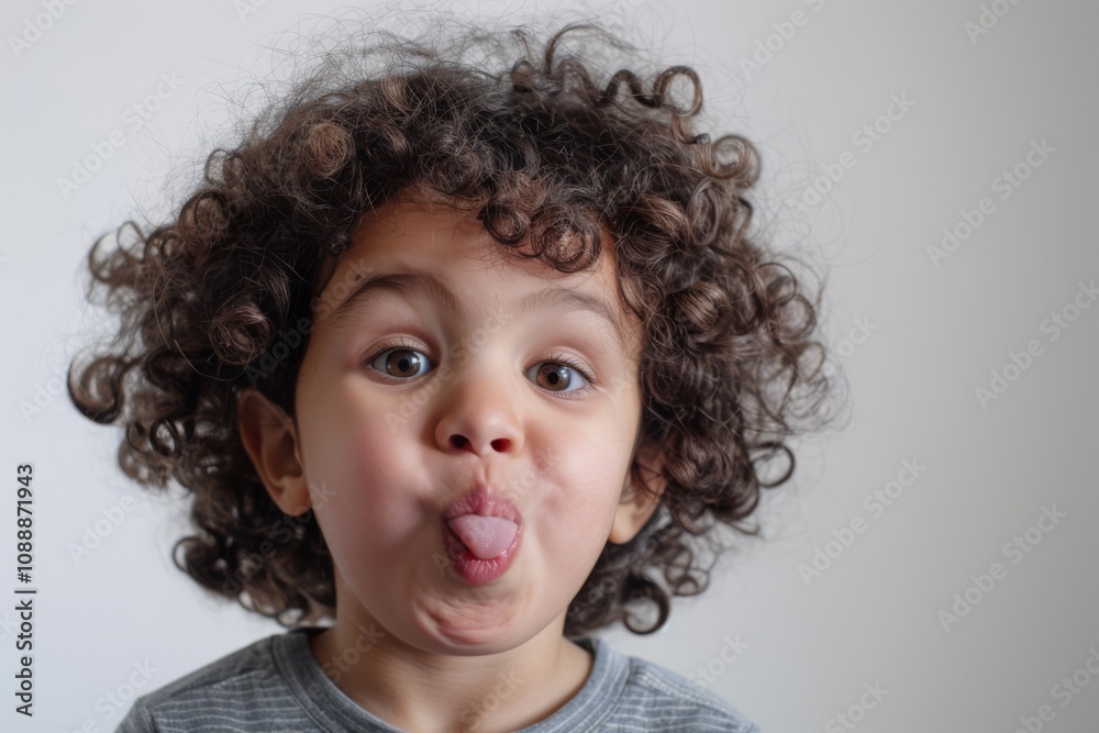 Adorable Young Child with Curly Hair Making a Funny Face Against a Simple Background in a Playful Expression Capturing Joy and Innocence Adorable Young Child with Curly Hair Making a Funny Face Against a Simple Background in a Playful Expression Capturing Joy and Innocence
