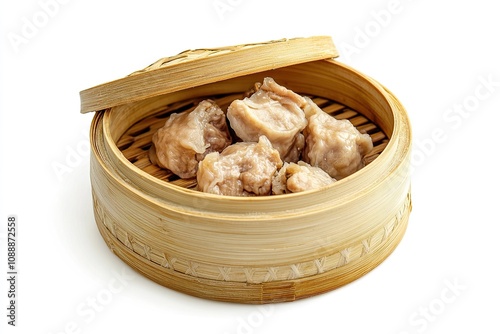 Chicken dimsum in a place from bamboo on white background 